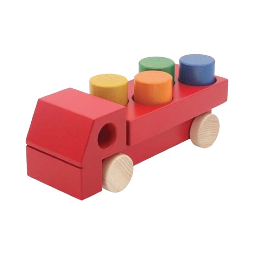 Camion en bois rouge avec quatre cubes d'éveil empilables
