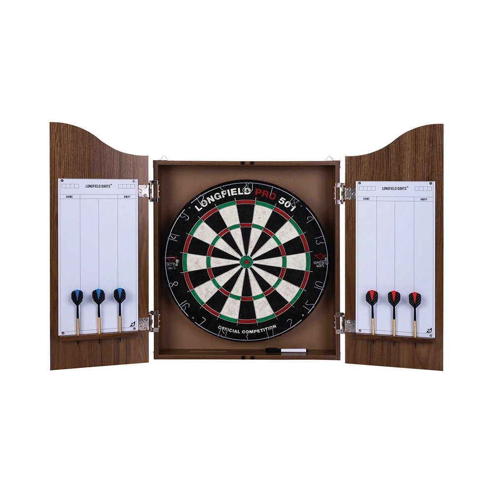 Dark Oak Dartboard Cabinet + 6 Darts 18g