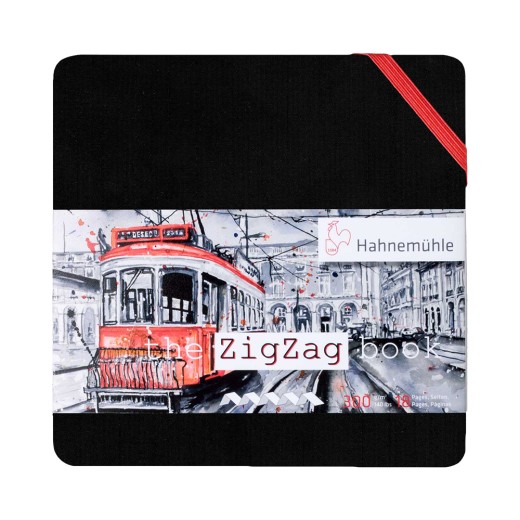 Carnet aquarelle accordéon ZigZag 5x5cm 300g Hahnemühle avec couverture rigide et élastique rouge