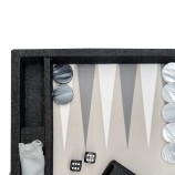 Coffret de backgammon moyen Hector Saxe en toile jeans grise et cuir avec poignée et pions nacrés