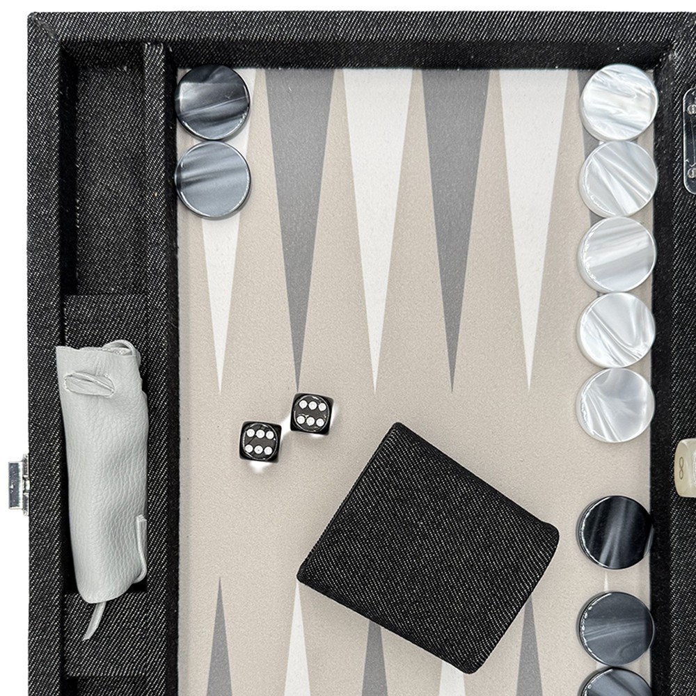 Medium Hector Saxe grey denim canvas backgammon case with leather trim and pearlescent checkers
