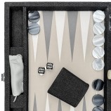 Medium Hector Saxe grey denim canvas backgammon case with leather trim and pearlescent checkers