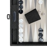 Cofanetto backgammon medio Hector Saxe in tessuto denim grigio e pelle con pedine madreperla