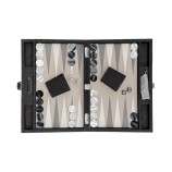 Hector Saxe mittelgroßes Backgammon-Set aus grauem Jeans-Stoff und Leder mit Zubehör