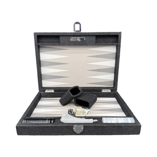 Coffret de backgammon moyen Hector Saxe en toile jeans grise et cuir avec poignée et pions nacrés