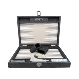 Hector Saxe mittelgroßes Backgammon-Set aus grauem Jeans-Stoff und Leder mit Zubehör