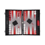 Medium Hector Saxe red denim canvas backgammon case with leather handle and pearlescent counters