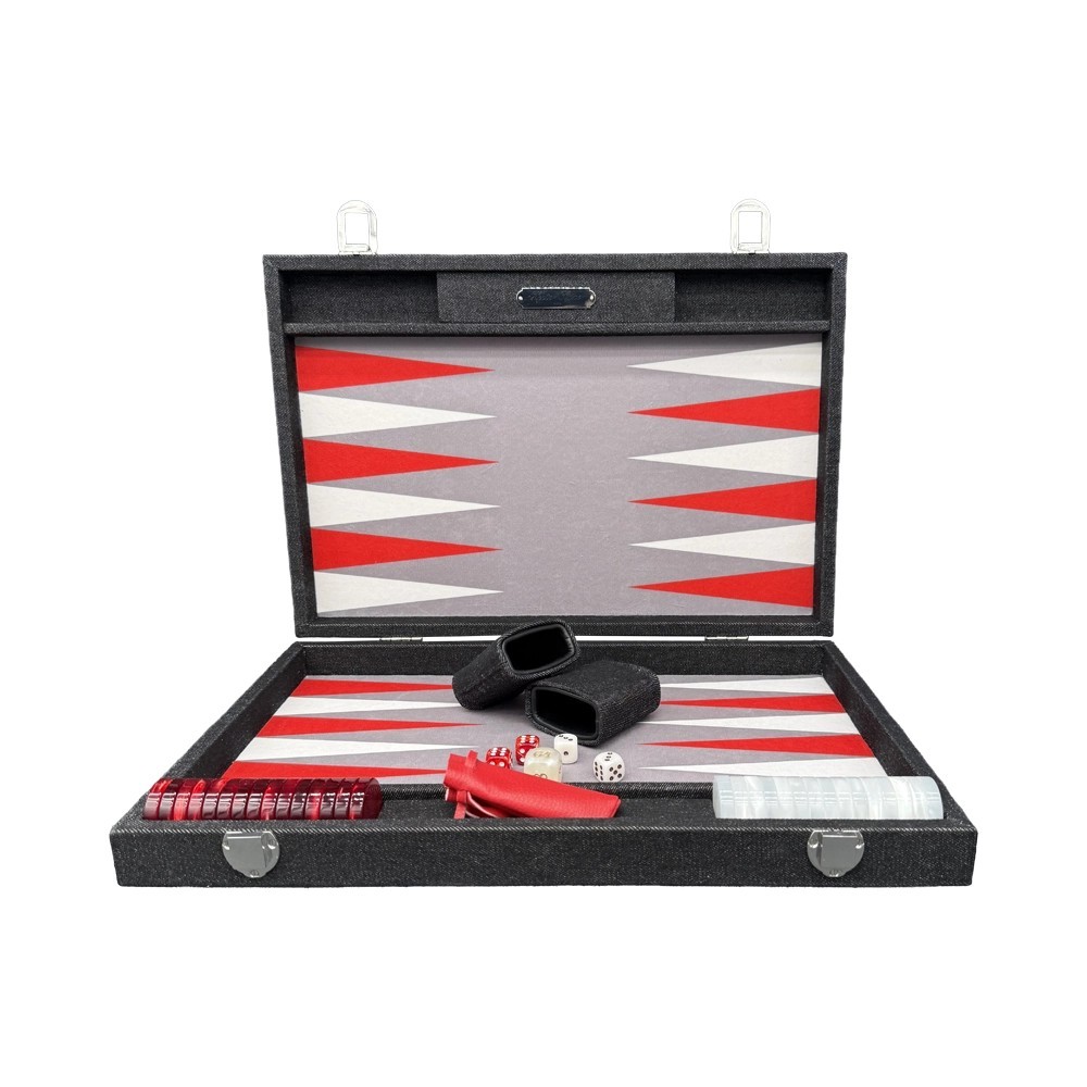 Hector Saxe mittelgroßes Backgammon-Set aus rotem Jeans-Stoff und Leder mit Zubehör