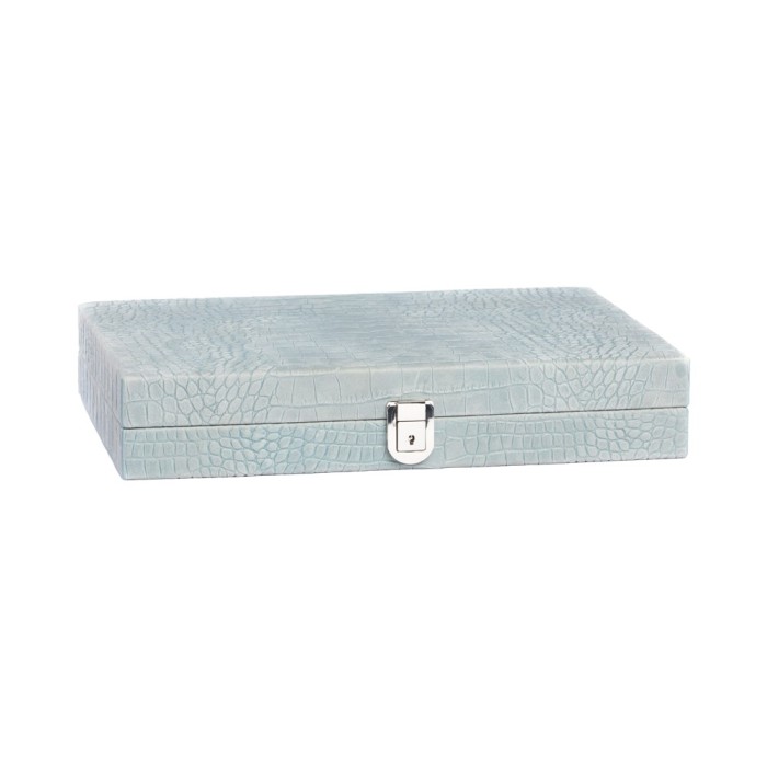 Coffret de backgammon medium Hector Saxe en cuir embossé façon alligator bleu ciel avec pions nacrés