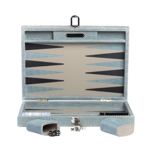 Cofanetto backgammon medio Hector Saxe in pelle stampa alligatore celeste con pedine madreperla