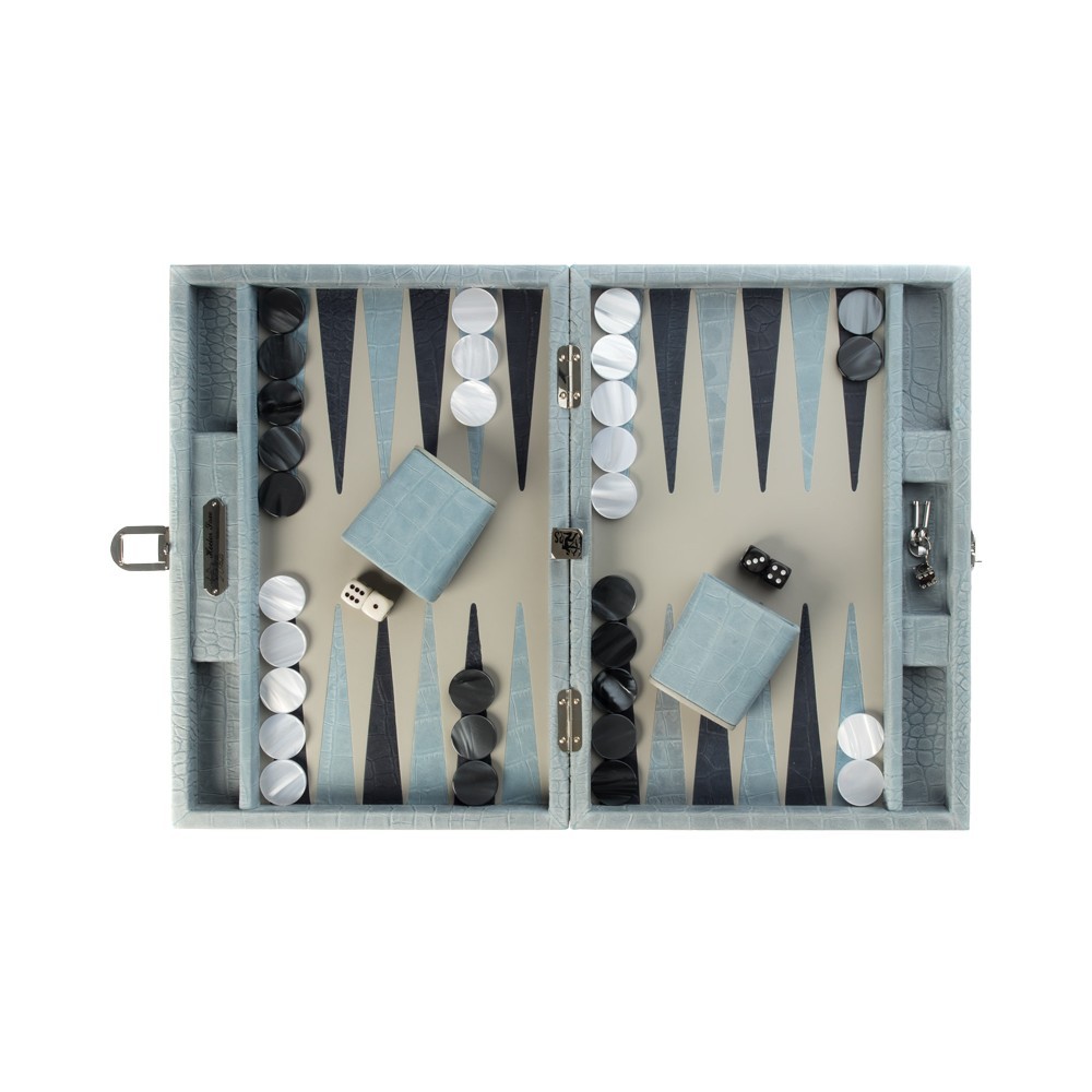 Medium Hector Saxe sky blue alligator leather backgammon case with pearlescent checkers and leather cups