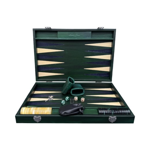 Prestigioso set da backgammon grande Hector Saxe in pelle patinata a mano con pedine perlate e dadi