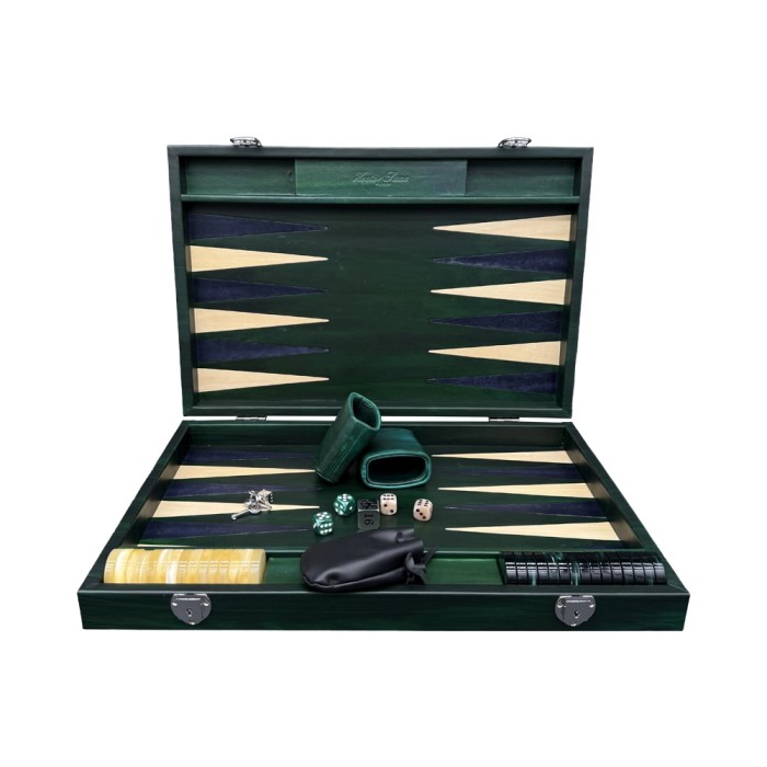 Large Hector Saxe hand-patinated leather backgammon case with pearlescent checkers and leather cups