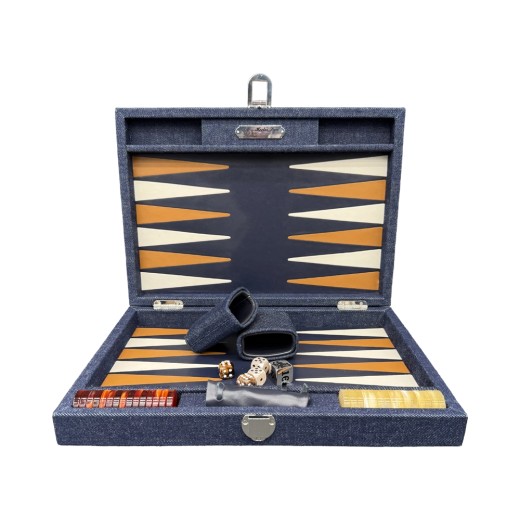 Set backgammon grande Hector Saxe in pelle blu stampa galuchat con pedine madreperla e bussolotti