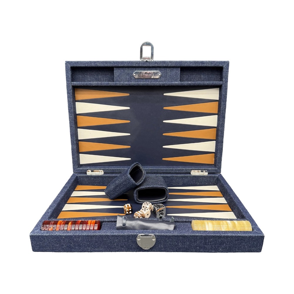 Large Hector Saxe blue shagreen leather backgammon set with inlaid felt board and pearlescent counters