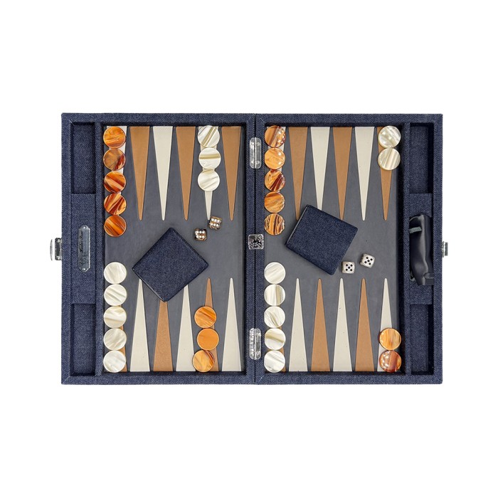 Large Hector Saxe Daniel leather backgammon board with 37mm checkers, metal doubling cube and leather cups