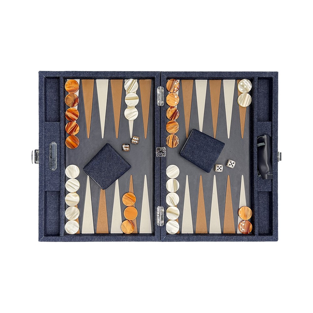 Hector Saxe großes Backgammon-Set aus Daniel-Leder mit 37mm Steinen, Metalldoppler und Zubehör