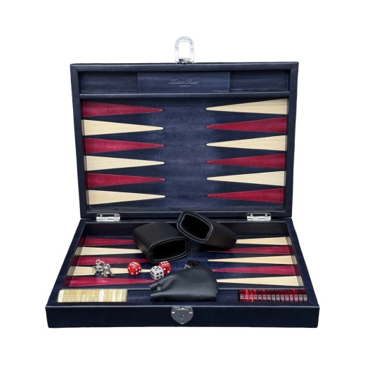Coffret de backgammon moyen Hector Saxe en cuir patiné noir avec pions nacrés et fermoirs métalliques