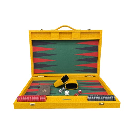 Large Hector Saxe lizard-embossed leather backgammon board with inlaid felt playfield and pearlescent counters