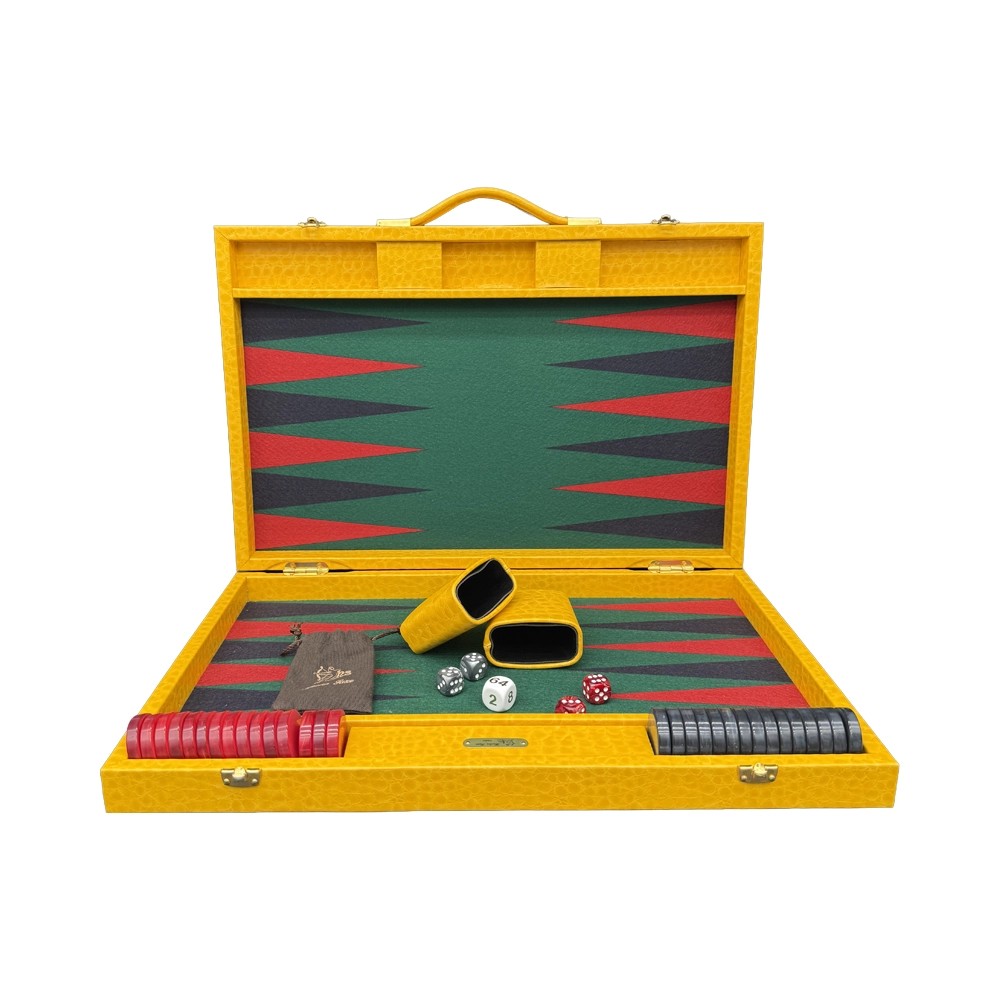 Coffret de backgammon large Hector Saxe en cuir grainé façon lézard avec tapis feutré et pions nacrés