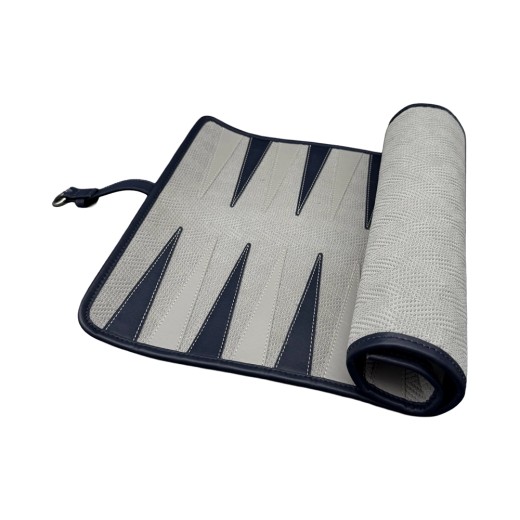 Backgammon de voyage roulable Hector Saxe en cuir souple gris et bleu avec lanière et compartiment zippé