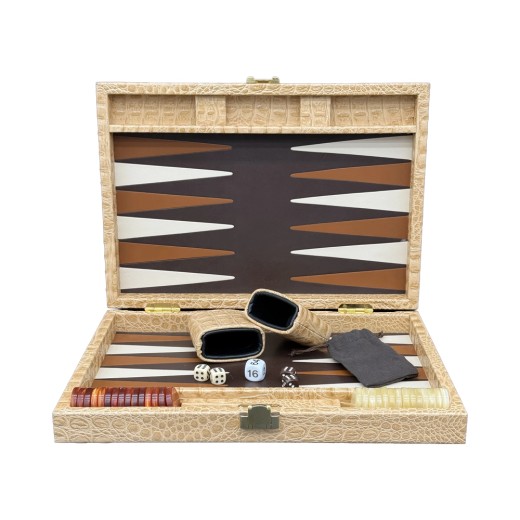 Compact Hector Saxe crocodile-embossed leather backgammon set with inlaid felt board and checkers