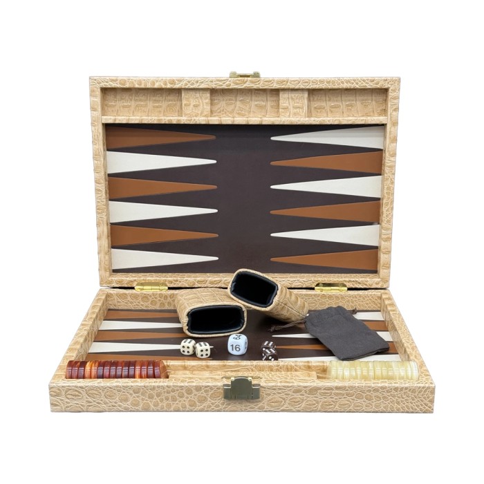 Cofanetto backgammon compatto 25x37 Hector Saxe in pelle stampa coccodrillo con pedine e dadi