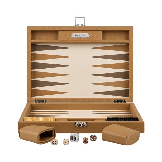Medium Hector Saxe cognac buffalo leather backgammon set with pearlescent checkers and cups