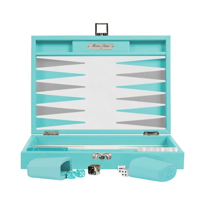 Medium Hector Saxe turquoise buffalo leather backgammon set with pearlescent checkers and leather cups