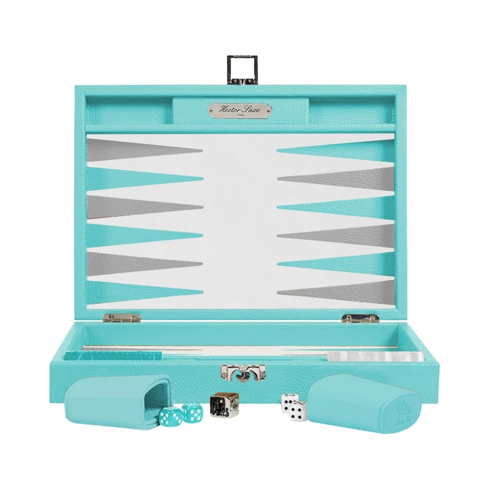 Medium Hector Saxe turquoise buffalo leather backgammon set with pearlescent checkers and leather cups