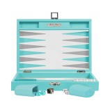 Mallette de backgammon medium Hector Saxe en cuir buffle turquoise avec pions nacrés et gobelets