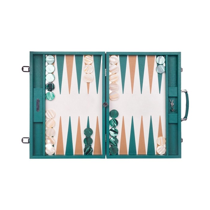 Hector Saxe großes Turnier-Backgammon aus avocadogrünem Leder mit 44mm Steinen, Metalldoppler und Schlüsseln