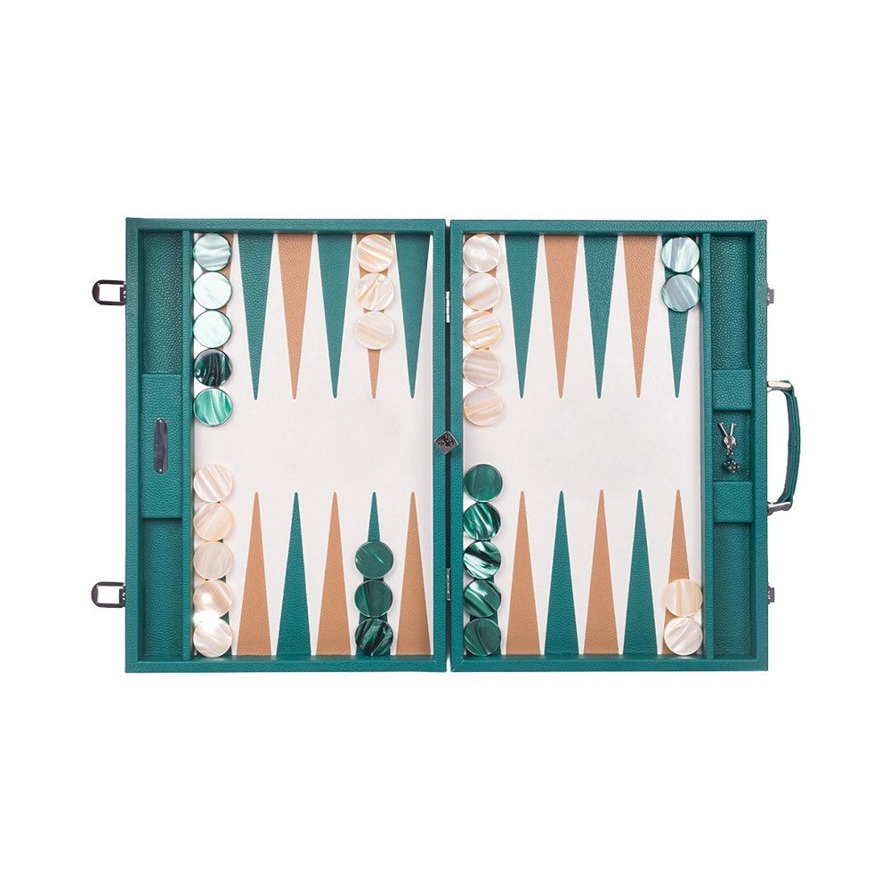 Cofanetto backgammon da competizione Hector Saxe in pelle verde avocado con pedine 44mm, raddoppiatore metallo e chiavi