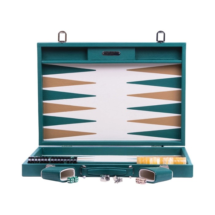Mallette de backgammon compétition Hector Saxe en cuir vert avocat avec pions géants 44mm, videau métal et clés