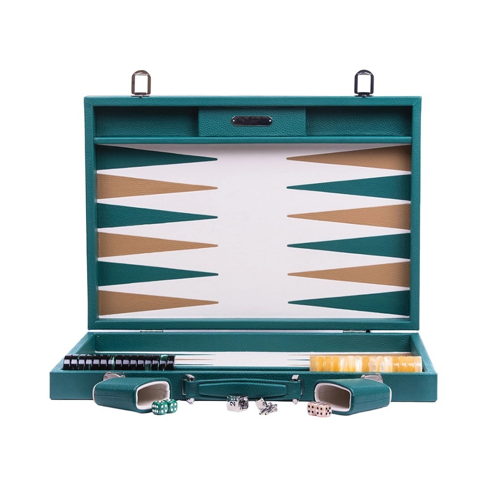 Hector Saxe großes Turnier-Backgammon aus avocadogrünem Leder mit 44mm Steinen, Metalldoppler und Schlüsseln