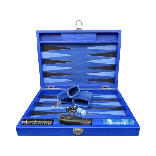 Coffret de backgammon medium Hector Saxe en cuir patiné bleu avec pions acétate 31mm, videau métal et gobelets
