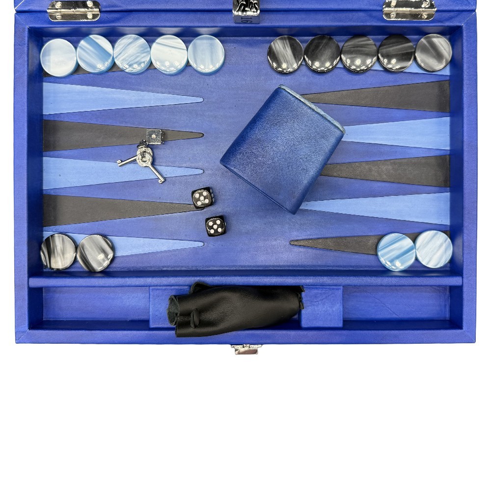 Medium Hector Saxe hand-patinated blue leather backgammon case with 31mm acetate checkers and metal doubling cube