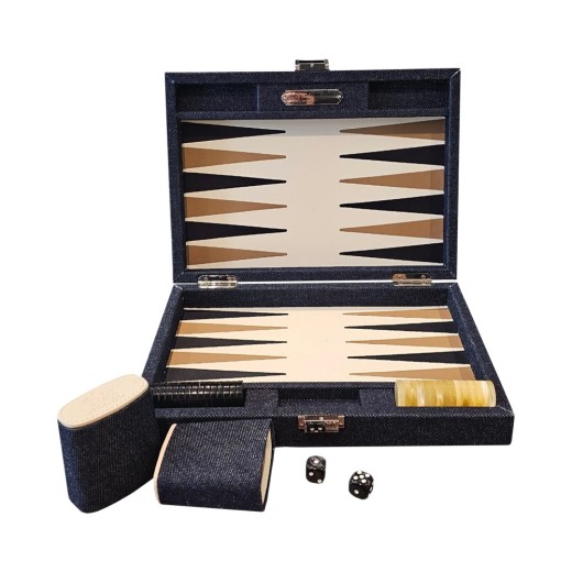 Cofanetto backgammon piccolo da viaggio Hector Saxe in tessuto denim blu e pelle con pedine