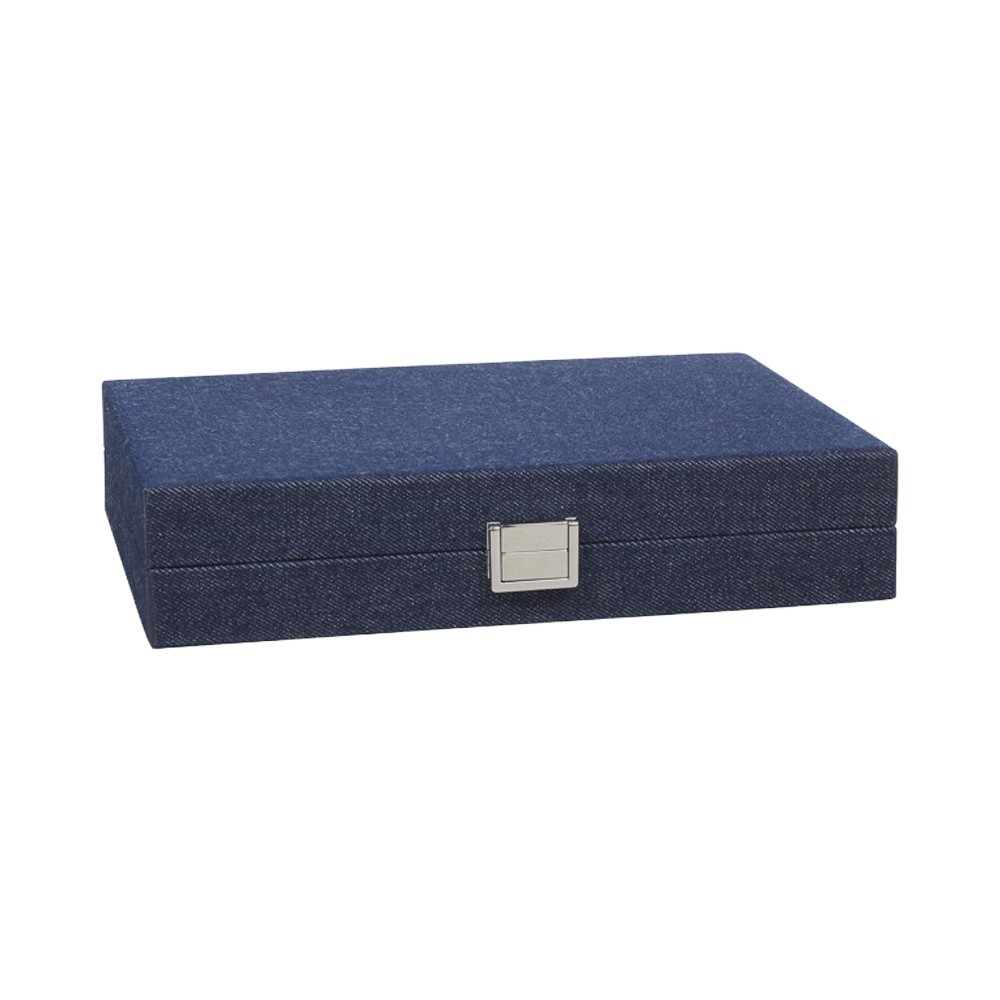 Hector Saxe kleines Reise-Backgammon-Set aus beigem Jeans-Stoff und Leder mit Zubehör
