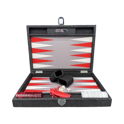 Medium Hector Saxe red denim canvas backgammon case with leather handle and pearlescent counters