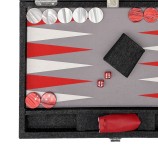 Medium Hector Saxe red denim canvas backgammon case with leather handle and pearlescent counters