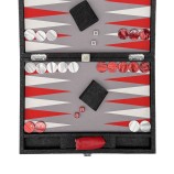Cofanetto backgammon medio Hector Saxe in tessuto denim rosso e vera pelle con pedine madreperla