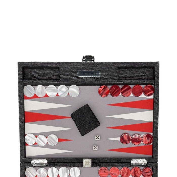 Cofanetto backgammon medio Hector Saxe in tessuto denim rosso e vera pelle con pedine madreperla