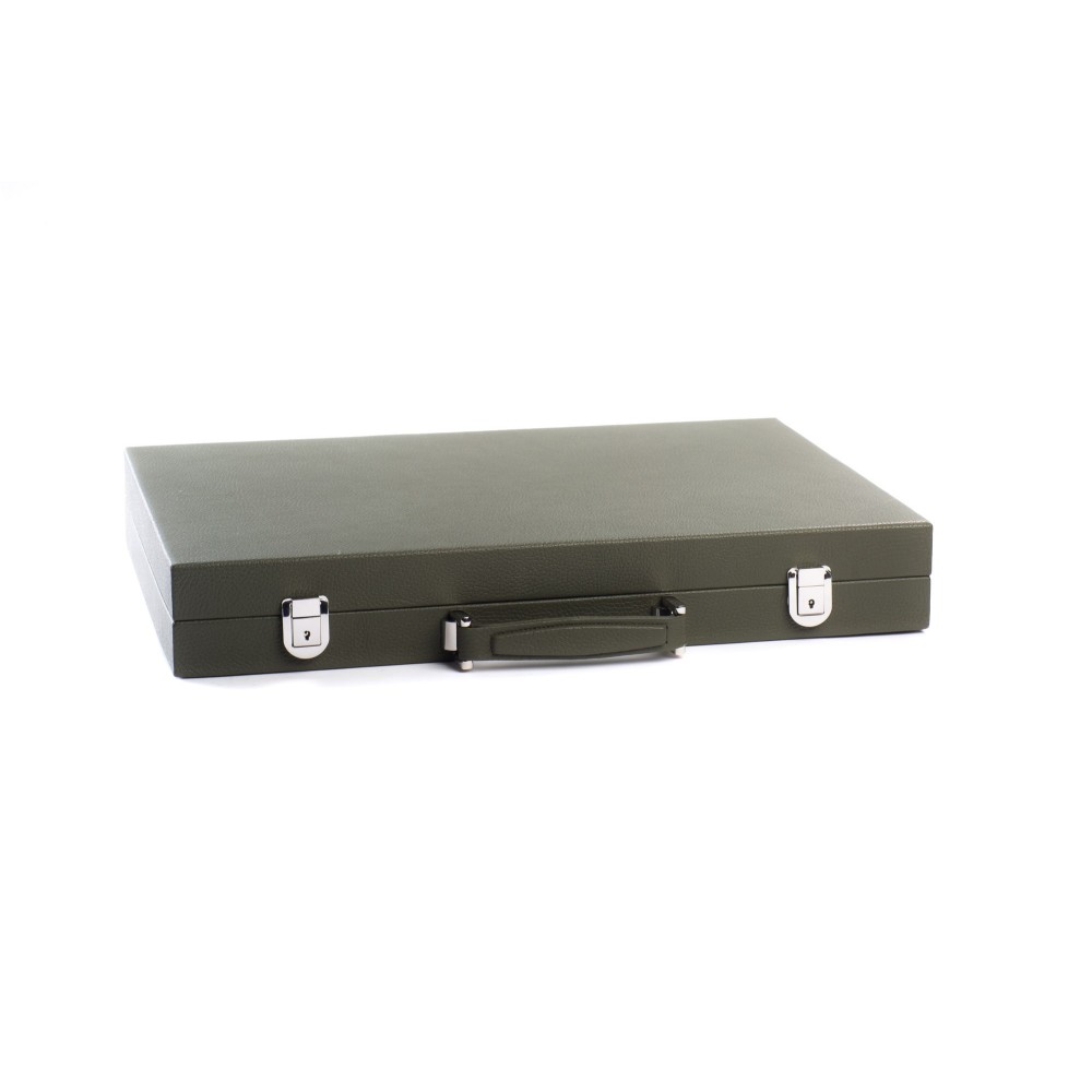 Hector Saxe großes Turnier-Backgammon aus mandelgrünem Büffelleder mit Perlmuttsteinen und Zubehör