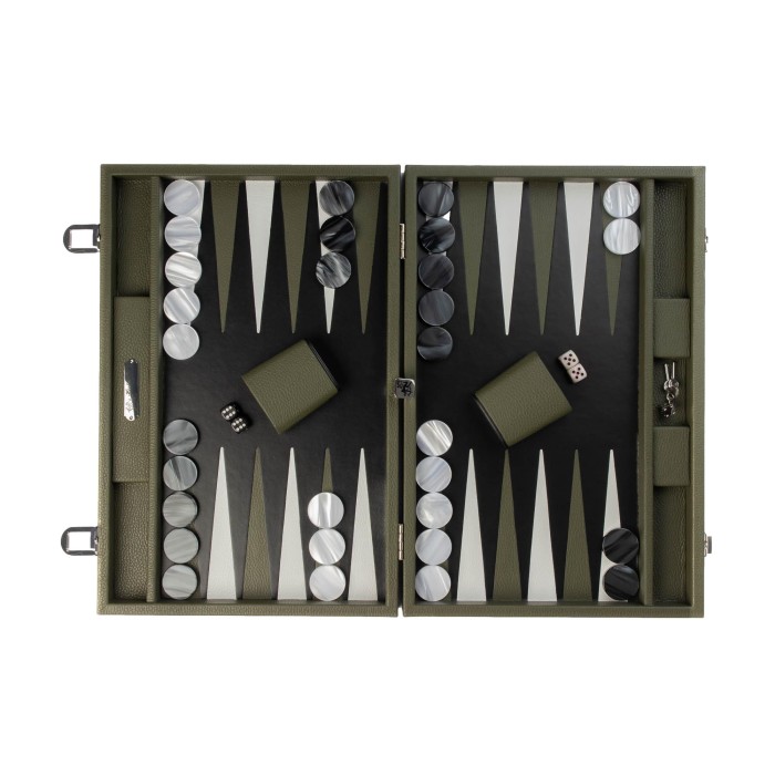 Large Hector Saxe almond green buffalo leather backgammon board with 37mm counters and leather cups