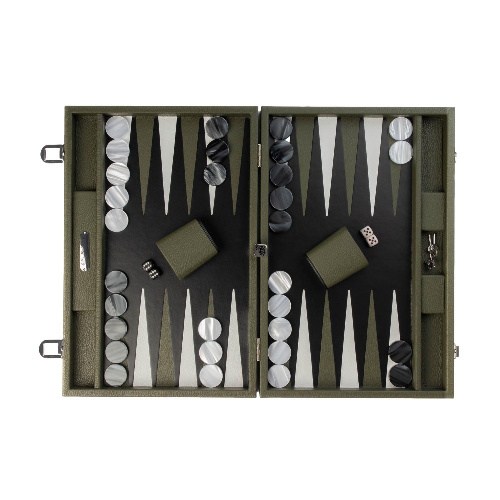 Coffret de backgammon large Hector Saxe en cuir grainé façon buffle vert amande avec pions nacrés 37mm