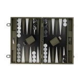 Coffret de backgammon large Hector Saxe en cuir grainé façon buffle vert amande avec pions nacrés 37mm