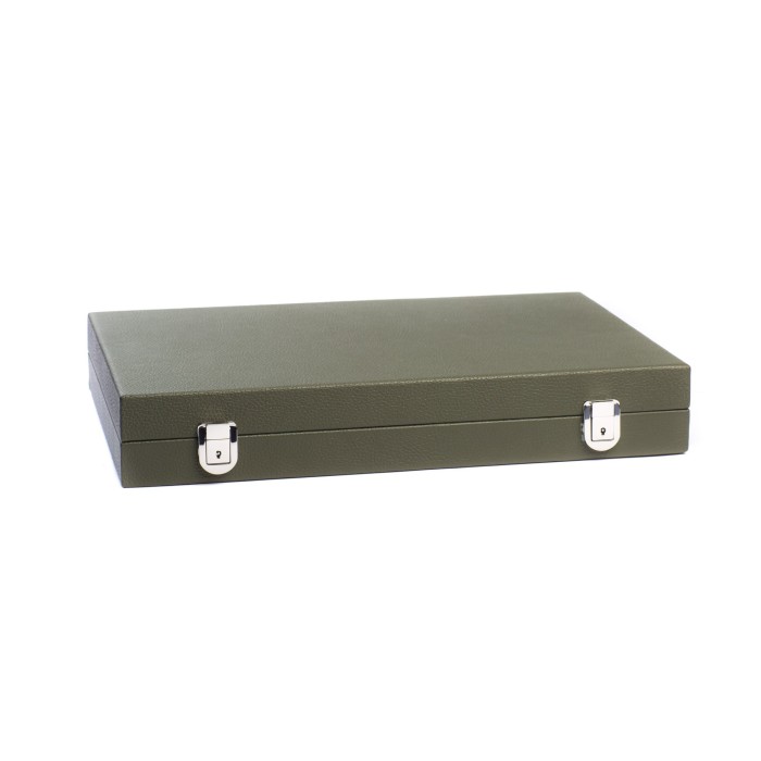 Coffret de backgammon large Hector Saxe en cuir grainé façon buffle vert amande avec pions nacrés 37mm