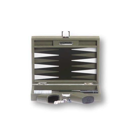 Coffret de backgammon voyage Small Hector Saxe en cuir buffle vert amande avec pions nacrés et gobelets