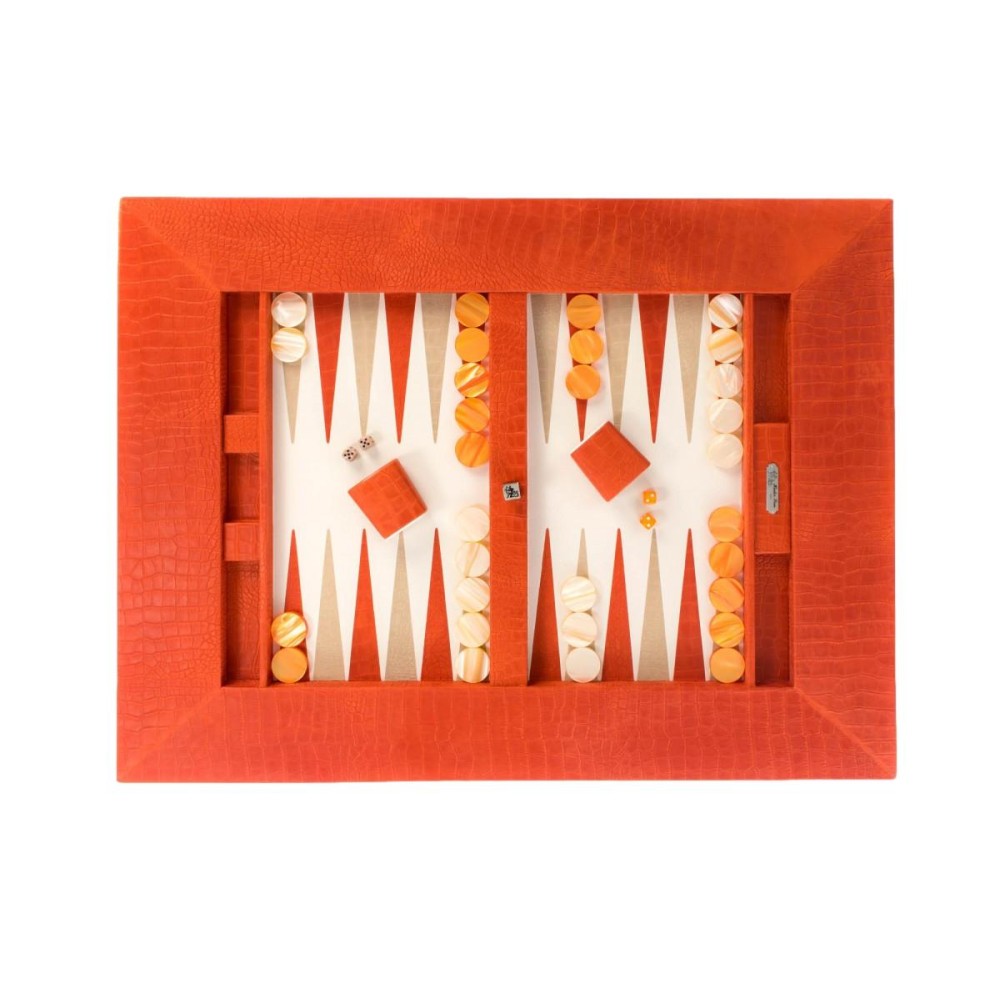 Table de Backgammon en Cuir - Effet Alligator - Pieds Métal en U